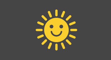 A cheerful smiling yellow sun icon with radiating rays on a dark gray background