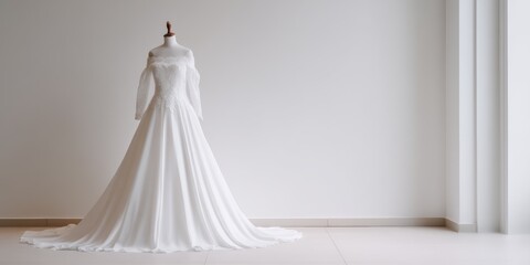 A pristine white wedding dress hangs elegantly on a wooden mannequin against a stark white wall. The dress features a fitted bodice with long sleeves and a flowing A-line skirt.