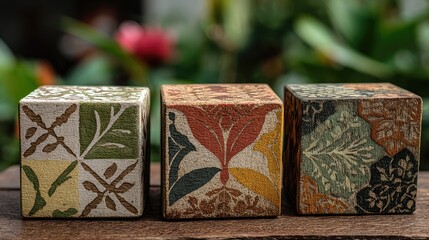 Three decorative wooden cubes, patterned with colorful floral and leaf designs, sit in a row on a wooden surface