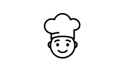 Simple line art icon of a smiling chef s head wearing a traditional toque blanche hat