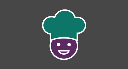 Friendly cartoon chef character wearing a tall toque hat and smiling with a purple face and green hat