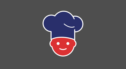 Friendly cartoon chef with a big smile wearing a tall blue and white toque hat