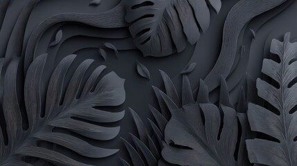 Dark moody background of stylized tropical leaves