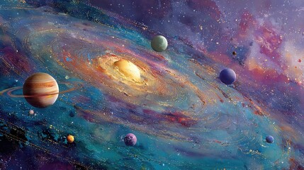 Vibrant galaxy swirls with planets