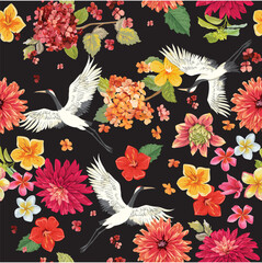 Floral with stork seamless vector pattern.Black background