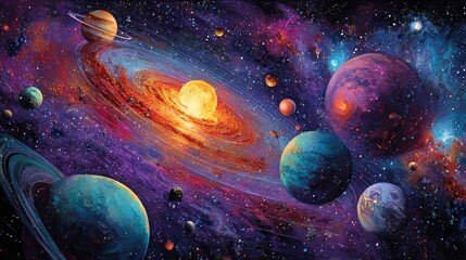 Colorful cosmic swirl with planets and sun