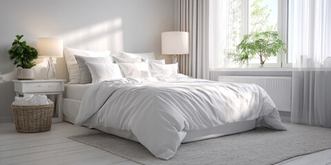 Fototapeta premium A serene bedroom scene is illuminated by soft, natural light streaming through a large window. A king-sized bed dominates the foreground, covered in a crisp, white duvet and multiple fluffy pillows.
