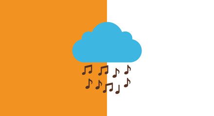 Blue cloud raining musical notes on a split orange and white background symbolizing creative inspiration