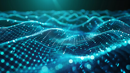 Abstract glowing blue wave background: technology, science, futuristic digital landscape.