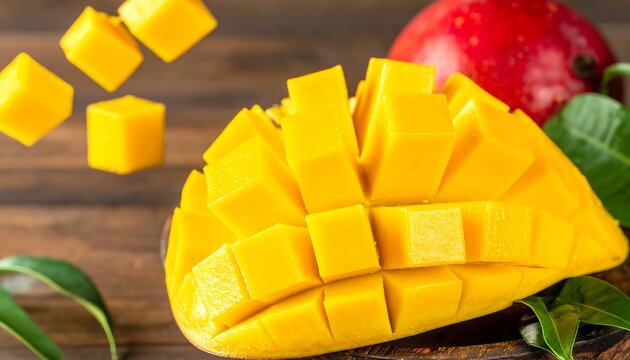 Close-up of diced mango on wooden surface