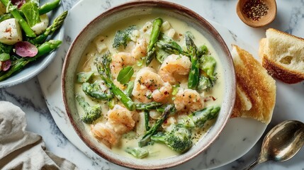 Creamy shrimp and asparagus dish in a bowl, served with toast