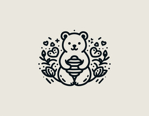 Obraz premium Delicious honey bear illustration holding jar designed in black line art vintage rustic retro logo style