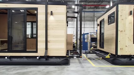 Close Up Production of Modular Floating Homes in a Factory Featuring Light Wooden Exteriors Black Window Frames and Black Floating Platforms Highlighting Sustainable Housing and Modern Architectural