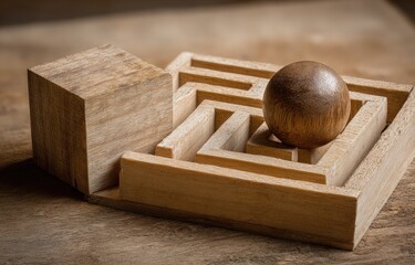Wooden maze with a ball and block