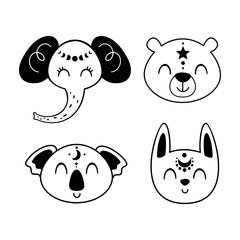 Cute wild animal faces clipart, isolated black and white character doodle. Vector illustration
