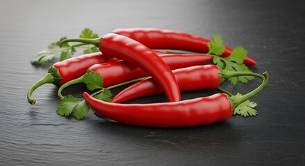 Red Chili Peppers with Green Cilantro on Dark Surface