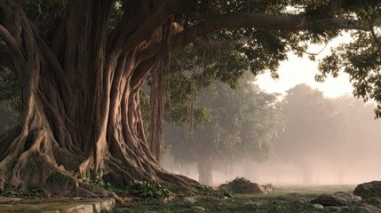Massive tree trunk, roots, misty forest
