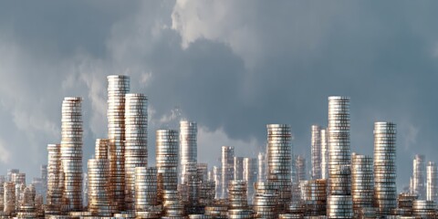 A dramatic, digitally rendered cityscape dominates the image, featuring a dense cluster of tall, cylindrical skyscrapers constructed from a shimmering, metallic material ? likely gold or bronze ? 