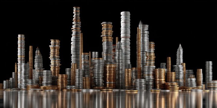 A dramatic, close-up image depicts a towering cityscape constructed entirely from stacked coins. The coins, predominantly silver and bronze, are arranged in a haphazard yet imposing manner, 