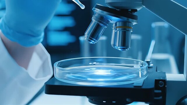 scientist pipetting liquid petri dish microscope laboratory