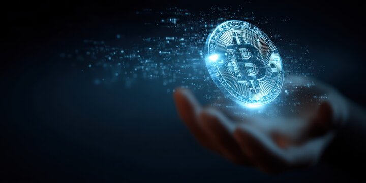 A hand gently holds a glowing, digital Bitcoin coin suspended in mid-air. The coin emits a bright blue light, with intricate details visible on its surface. A network of shimmering