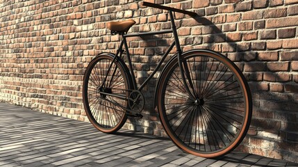Obraz premium 3D render of a black vintage bicycle stands against a textured brick wall.