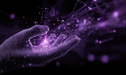 A digital hand, purple-toned, with glowing particles, network connections, and abstract shapes