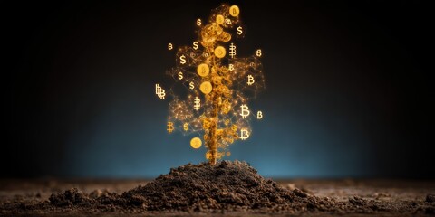 A dark, dramatic image depicts a stylized tree growing from a mound of dark soil. The tree?s branches are composed of glowing, golden Bitcoin symbols and dollar signs,