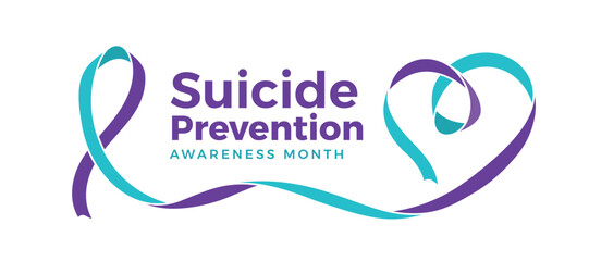 Suicide prevention awareness month - Text and teal and purple ribbon awareness sign with waving and rolling to heart shape vector design