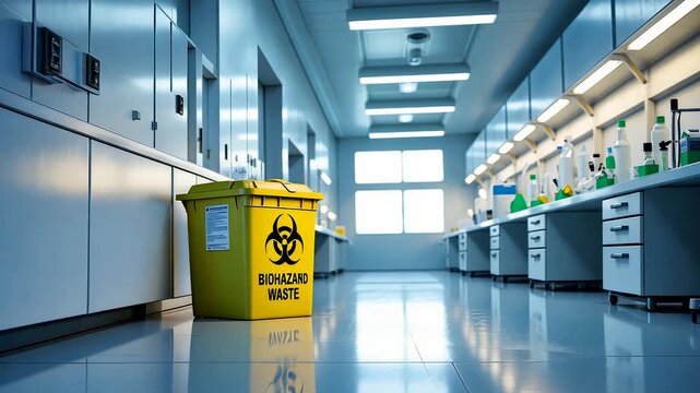 Modern scientific laboratory interior with white counters bright windows and yellow biohazard waste container