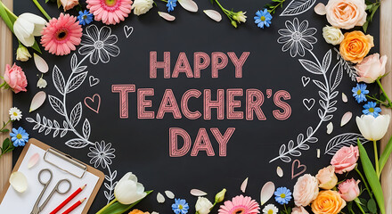 Happy Teachers Day blackboard design adorned with flowers and decorative elements