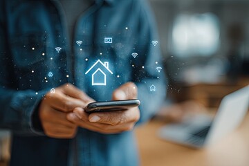 Person using smartphone with digital home icons overlay