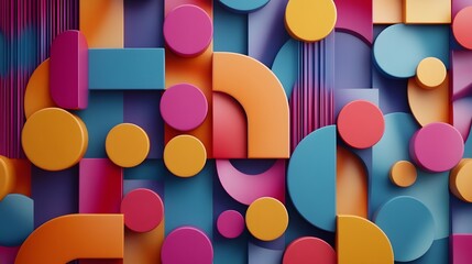3D render of geometric blocks in shades of pink, orange, and blue create a vibrant, abstract composition.