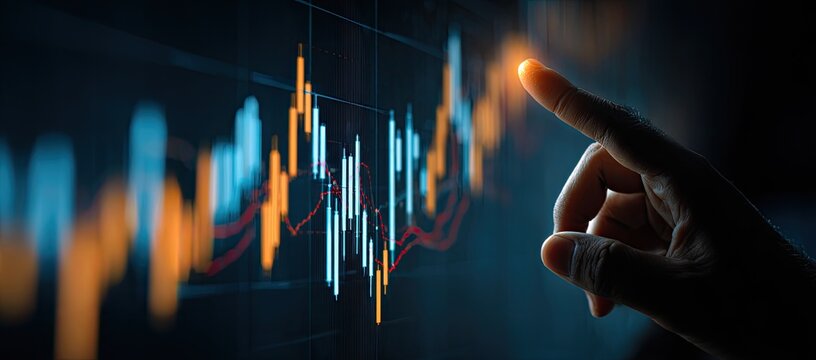 A hand points at a digital stock market chart with rising and falling candlestick patterns - Powered by Adobe
