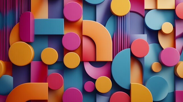3D render of geometric blocks in shades of pink, orange, and blue create a vibrant, abstract composition.