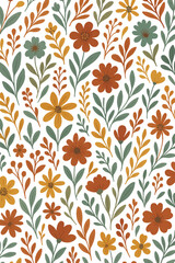 Seamless Boho Floral Pattern with Rustic Autumn Flowers and Leaves on White Background