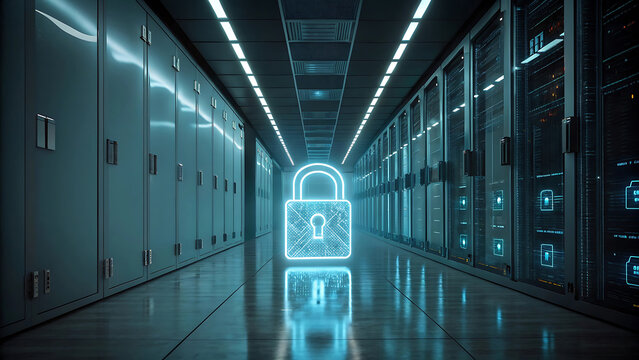 Cybersecurity Concept with Digital Padlock in Modern Data Center Server Room