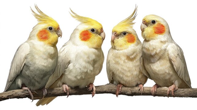 Four parakeets perched on a branch, close-up, against white background