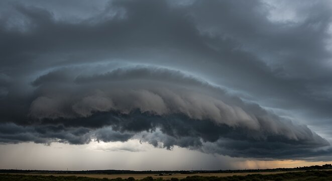 Dramatic shelf cloud formation with a dark stormy sky and weather event