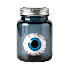 A human eye with a blue iris and red veins displayed inside a glass jar with a silver lid. Great for eerie Halloween posters and festive layouts.