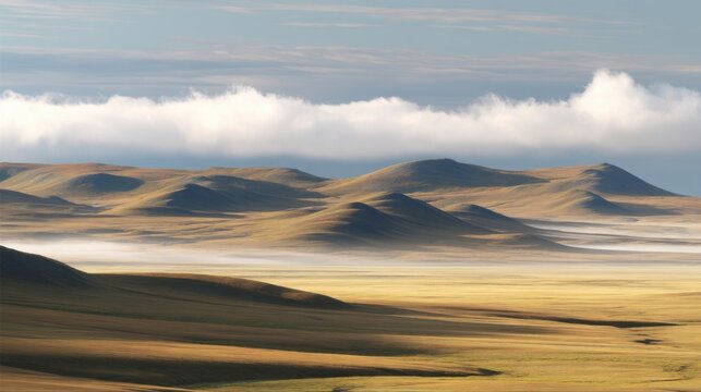 Vast expanse of rolling hills covered in dry yellowish brown grasses under a clear blue sky with white clouds casting so