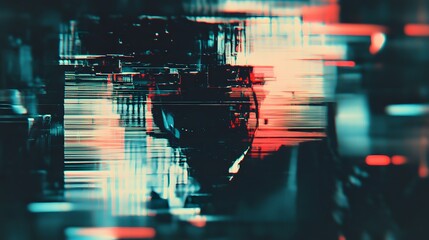 Digital illustration depicting distorted urban landscape with glitching red and teal highlights.