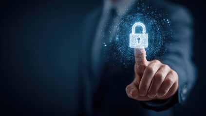Businessperson's finger touches a glowing digital lock icon