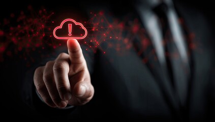 A hand touches a glowing red cloud icon with an exclamation point, indicating a problem in a dark, blurred background