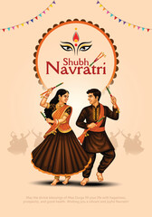 Navratri or Garba Night poster for Dussehra festival of India. Creative vector illustration design of couple playing Dandiya dance.
