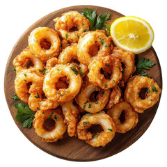 Crispy fried calamari rings on wooden board with lemon and parsley garnish
