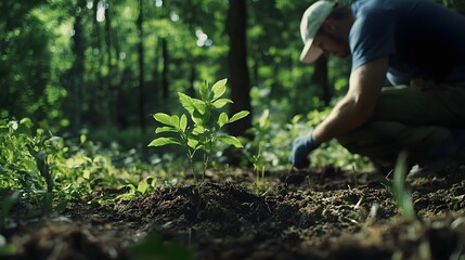 Photograph of a person planting a small seedling in dark, lush forest soil.