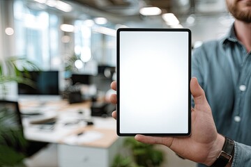 Close-up of a person holding a tablet computer in an office