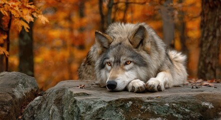 Fototapeta premium Gray wolf resting on rock, autumnal forest