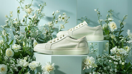 Leather Sneakers on Block Platform with Flowers and Greenery